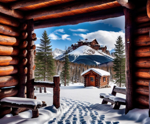 wooden house with beautiful winter landscape with snow covered trees