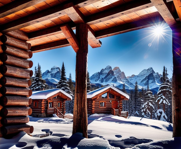 雪に覆われた木々のある美しい冬の風景を持つ木造住宅