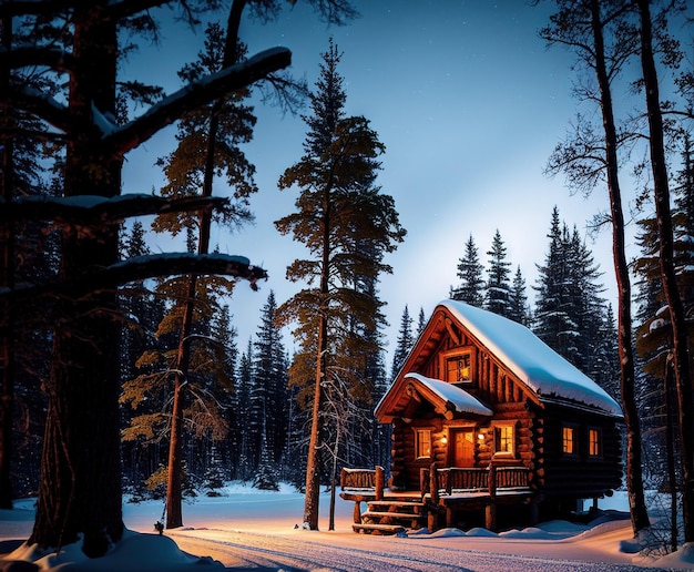 wooden house with beautiful winter landscape with snow covered trees