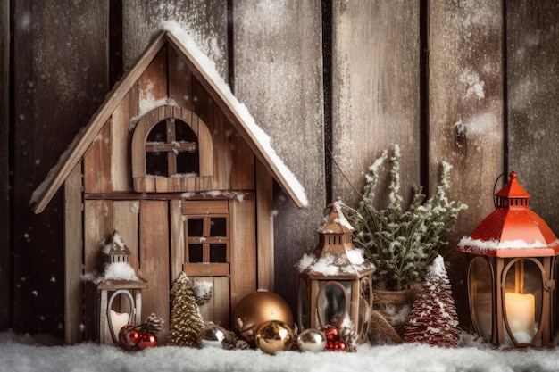 A wooden house with a christmas tree and a christmas tree.