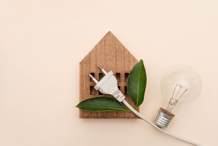 Photo wooden house with electric plug light bulb and green leaf sustainable energy and electricity prices