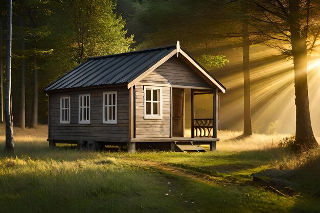 A wooden house with a full glass door sits in the woods