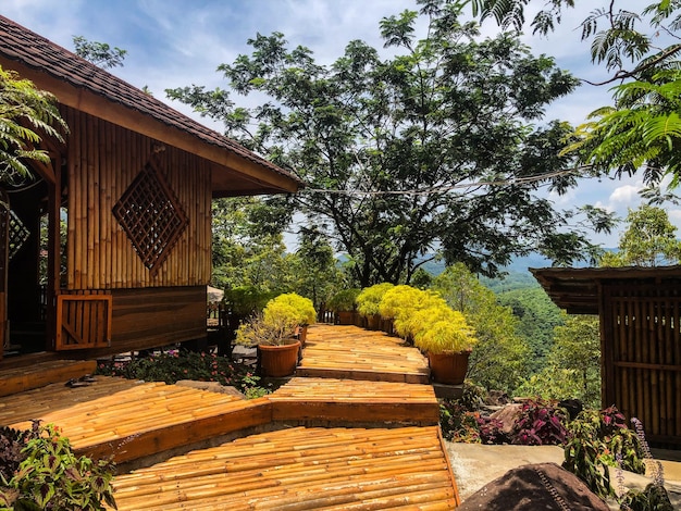 A wooden house with a garden in front of it