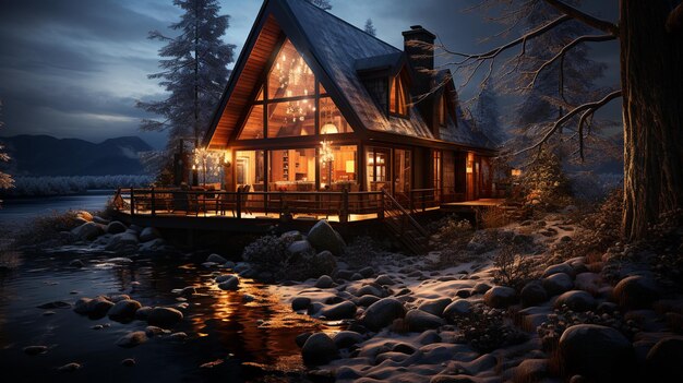 wooden house with lantern in the middle of a forest