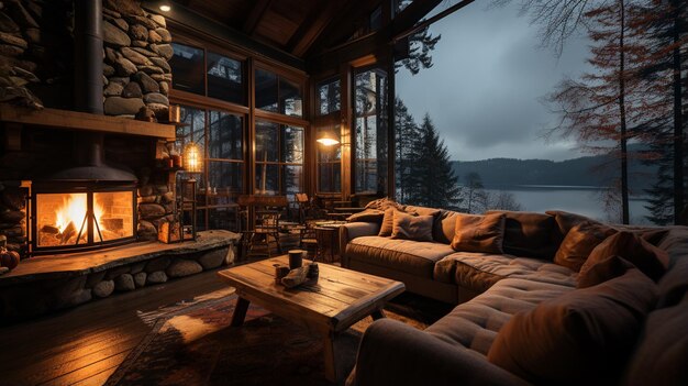 Photo wooden house with lantern in the middle of a forest