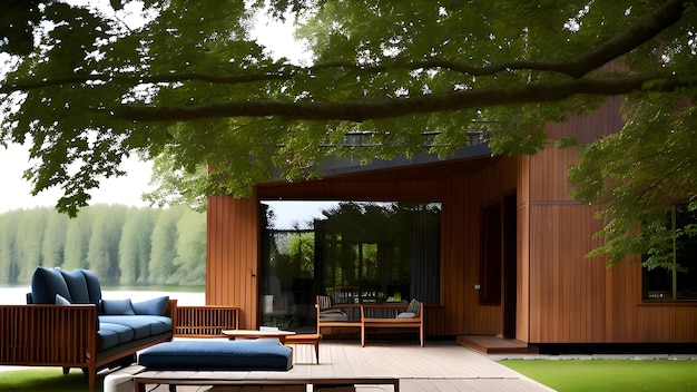 A wooden house with a large glass door and a wooden deck