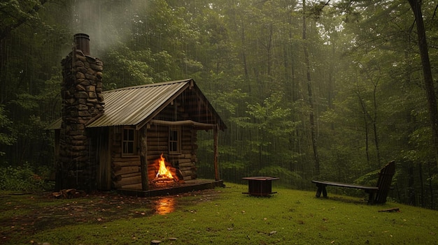 a wooden house with a small waterfall in the middle of a forest a beautiful landscape of a house a fantasy house with a mysterious atmosphere