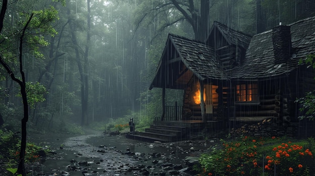 a wooden house with a small waterfall in the middle of a forest a beautiful landscape of a house a fantasy house with a mysterious atmosphere