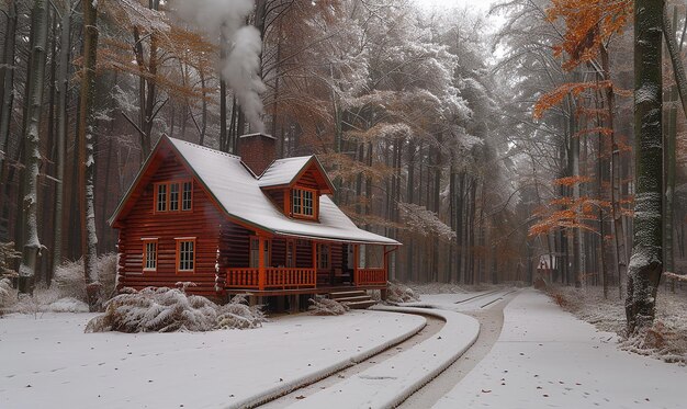 a wooden house with a snow covered roof and a red cabin in the background