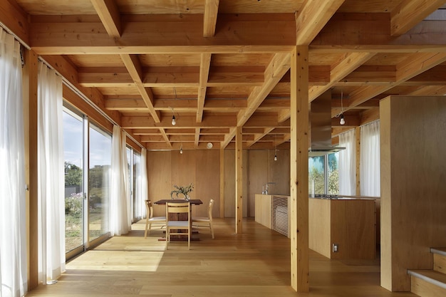 a wooden house with a table and chairs in it