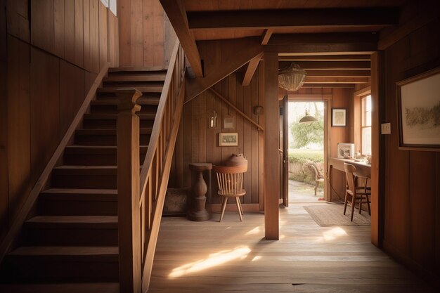 A wooden house with a table and stairs and a lamp on the left side.