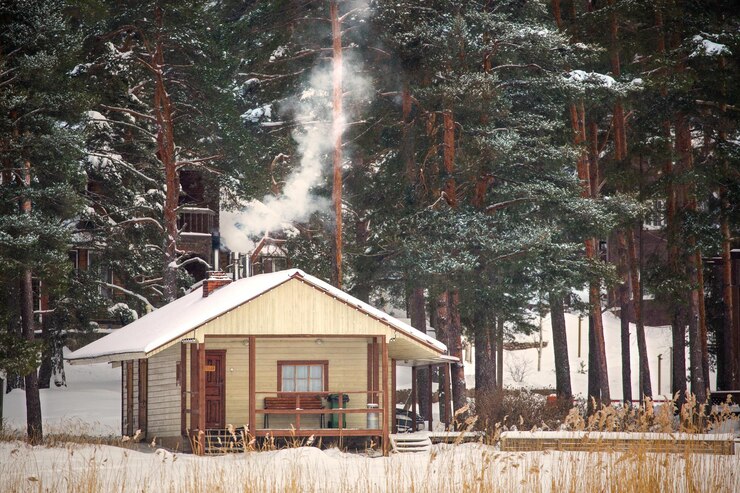 Photo wooden house with tall trees in wintertime