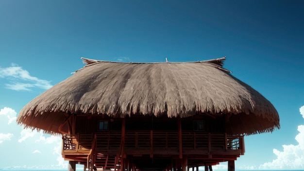 A wooden house with a thatched roof and the sky in the background.