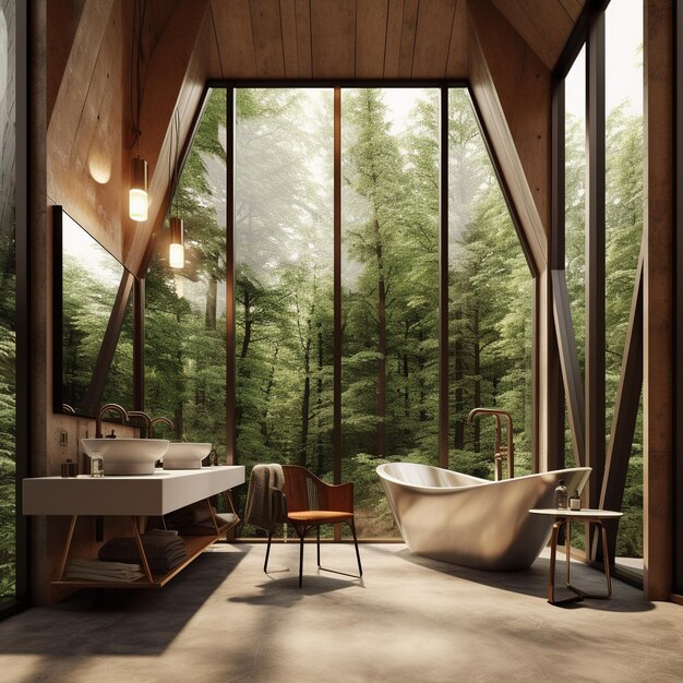 a wooden house with a tub and a bathtub in the middle of the forest.