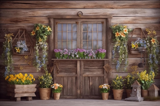 A wooden house with a window and flowers on the front.