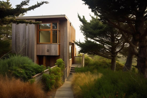 A wooden house with a wooden deck and a walkway leading to the front door.