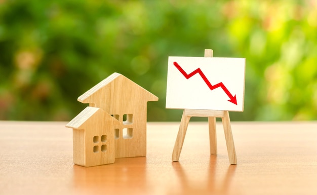 写真 木造住宅とイーゼルの赤い矢印が下がる不動産市場の価値概念の崩壊