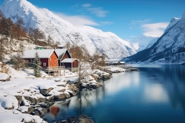 은행 위의 목조 주택 겨울의 아름다운 산 풍경 생성 AI 일러스트레이션