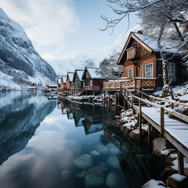 Photo wooden houses on the banks of the norwegian fjor