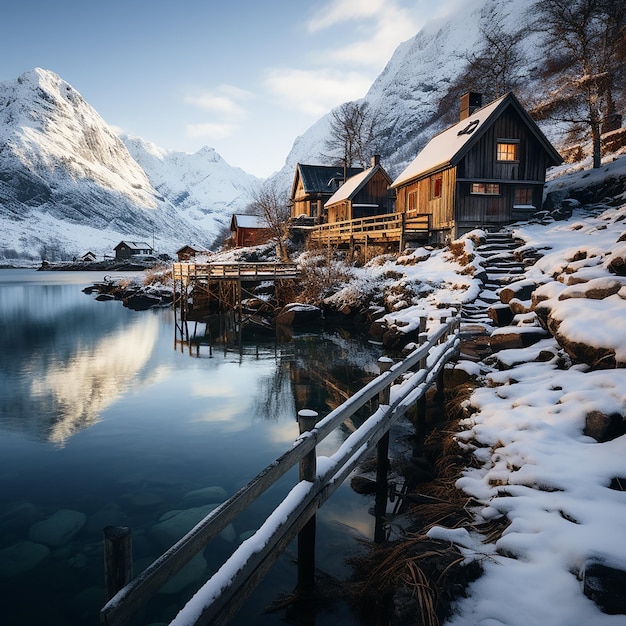 Photo wooden houses on the banks of the norwegian fjor