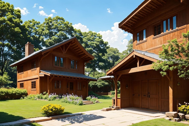 Wooden houses in the forest