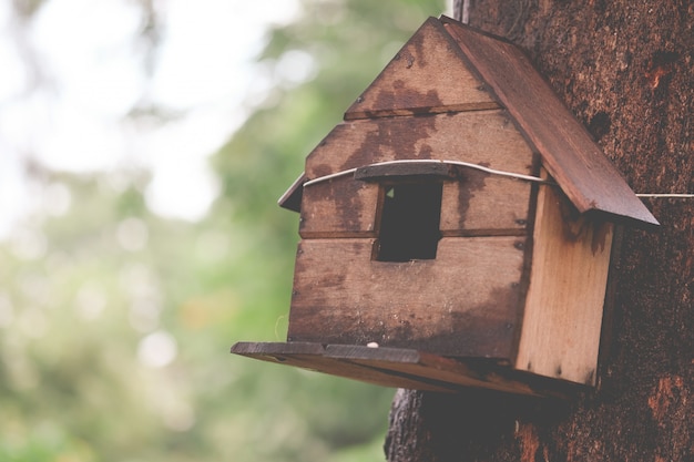 Wooden houses for little birds hanging on tree, vintage tone.