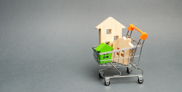 Wooden houses in a Supermarket trolley. 