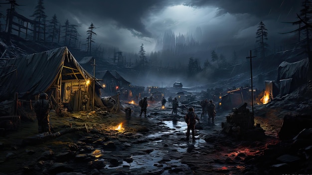 Wooden houses with hikers on the shore of a mountain river at night