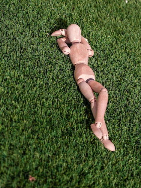 日光浴をしている草の上に横たわる木製の人物像