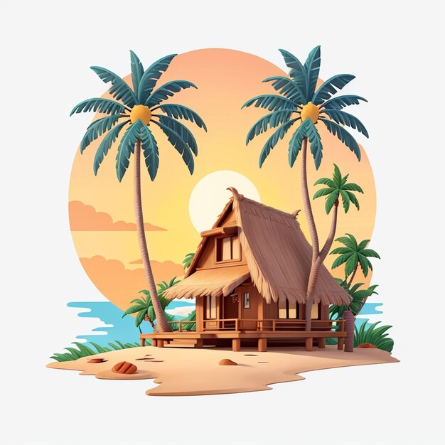 Деревянная хижина на пляже с пальмами