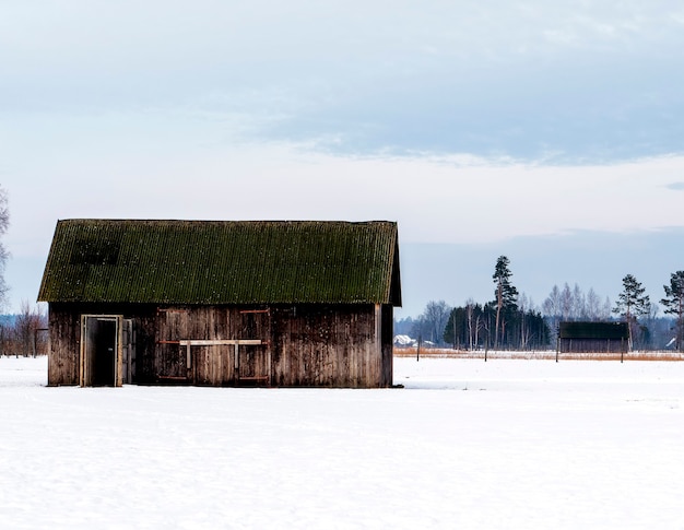 A wooden hut stands in the middle of a snowy field in winter.