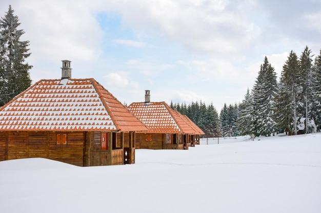 Wooden huts in a forest in winter