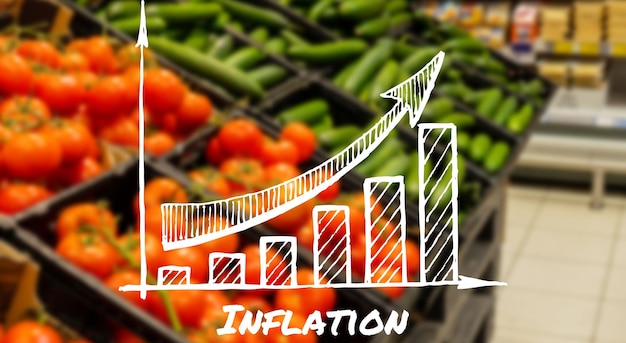 Wooden information label sign with text INFLATION with graph against defocused store shelves