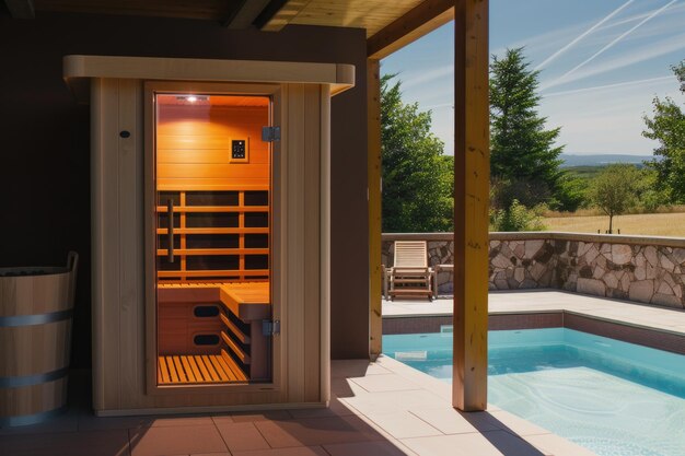 A wooden infrared sauna sitting next to a swimming pool