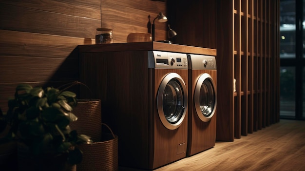 Wooden interior with modern laundry machines