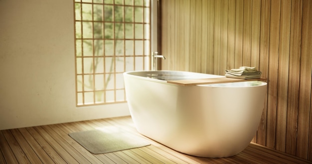 Foto bagno giapponese in legno in stile moderno onsen minimal