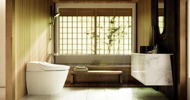 Foto bagno giapponese in legno in stile moderno onsen minimal