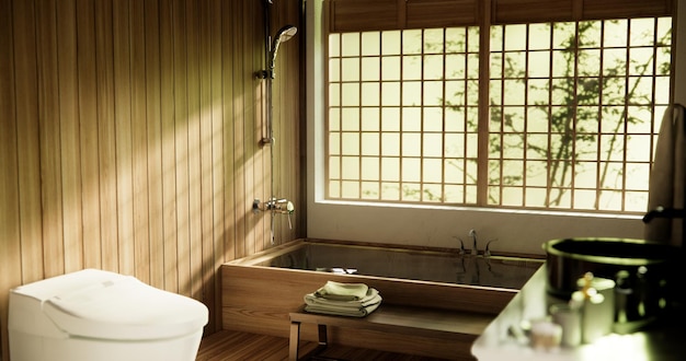 Foto bagno giapponese in legno in stile moderno onsen minimal