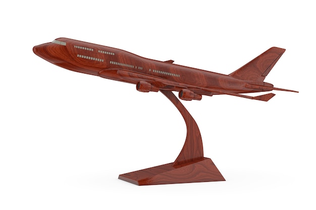 Photo wooden jet passenger's ð¡ommercial airplane model on a white background. 3d rendering