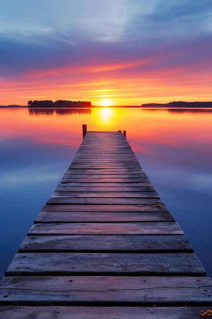 Wooden jetty extends into a calm lake reflecting a vibrant sunset with clouds painted across the sky