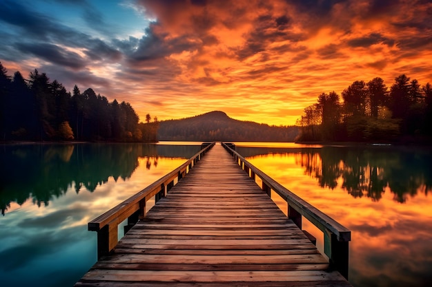 Wooden jetty on a lake at sunset