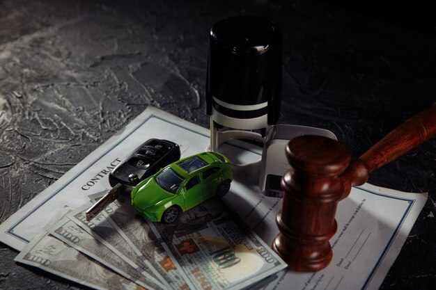 Photo wooden judge gavel and green toy car with keys. symbol of law, justice and car auction.