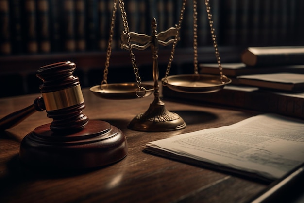 A wooden judge's desk with a gavel and a book on it.