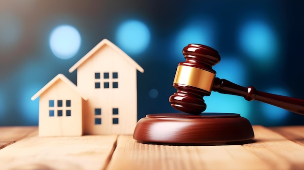 A wooden judge's gavel next to a house.