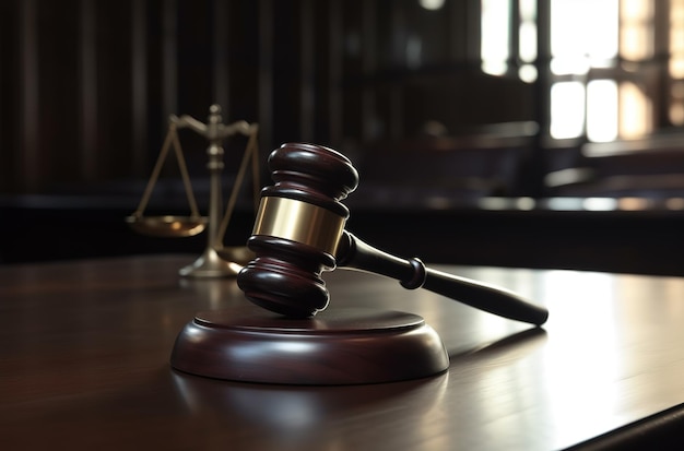 A wooden judge's gavel sits on a desk in a court room