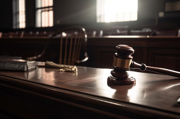 A wooden judge's gavel sits on a desk in a court room