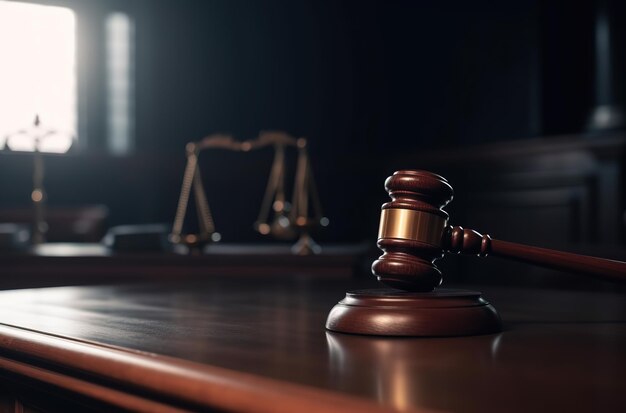 A wooden judge's gavel sits on a desk in a court room