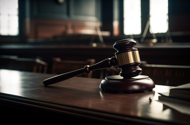 法廷の机の上に木製の裁判官の小槌が置かれている