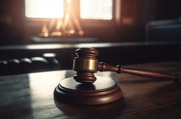 A wooden judge's gavel sits on a desk in a court room.