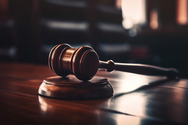 A wooden judge's gavel sits on a table in a court room.